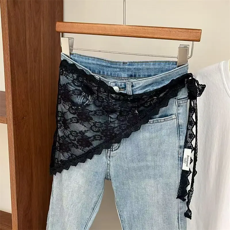 Sweet Sheer Floral Lace Wrap Apron Skirt Side Bow Tie Irregular Mini Over-skirt Denim Pants Headscarf Outfit Versatile Accessory view 6