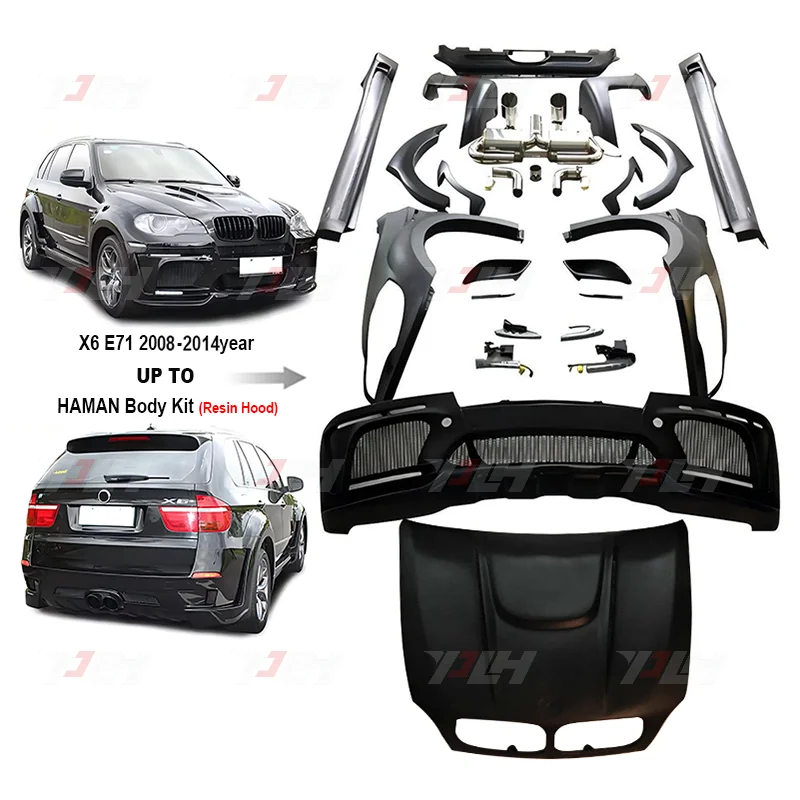 

XDSX6 E71 To Haman Style Body Kit Передний бампер на крыльях Боковые юбки Задний диффузор Наконечники выхлопной системы Frp Капот для X6 E71 Bonne