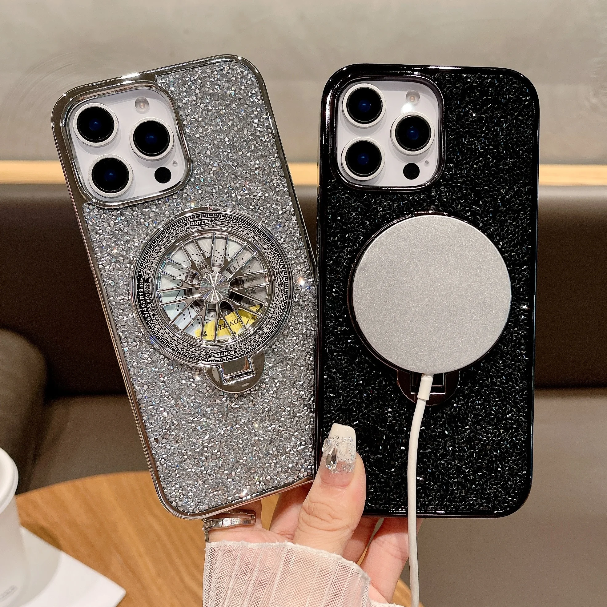 Rotating Gyroscope Magsafe Bracket Cover For iPhone 16 Pro Max Luxury Glitter Case For iPhone 15 Pro 14 13 12 11 Shining Cases