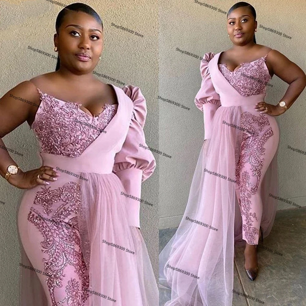 Pink Jumpsuit African Evening Dresses One Shoulder Sequined Appliques Plus Size Prom Dress pant suit Robes De Soirée Formal