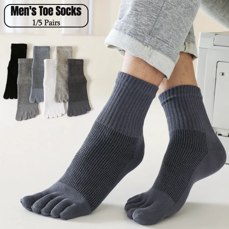 5 Paar Zehensocken für Herren, strapazierfähig, atmungsaktiv, 100 % Baumwolle, Deodorant, schwarz, weiß, Fünf-Finger-Socken, Outdoor-Sportsocken