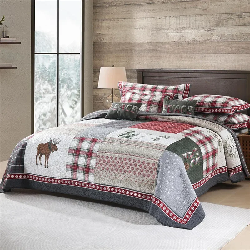 Patchwork Cotton Quilt Set, Bedspread on the Bed, Linen Quilted Blanket, Plaid Padded Bed Cover, Home Christmas Decoration, 3Pcs