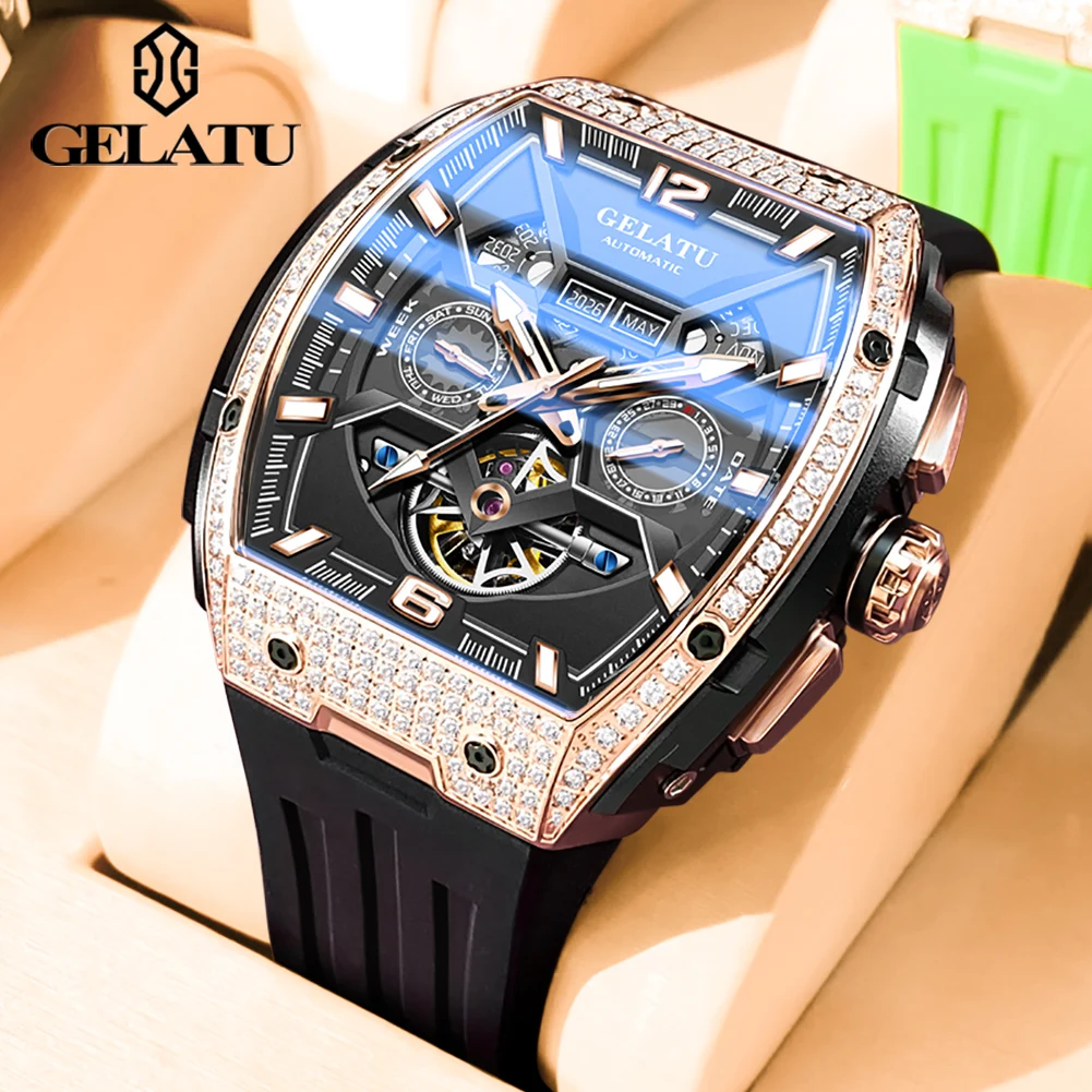 GELATU Luxury Full Diamond Wristwatch Men Multifunctional Hollow Out Stainless steel Silicone Strap Male Watch TOP Brand