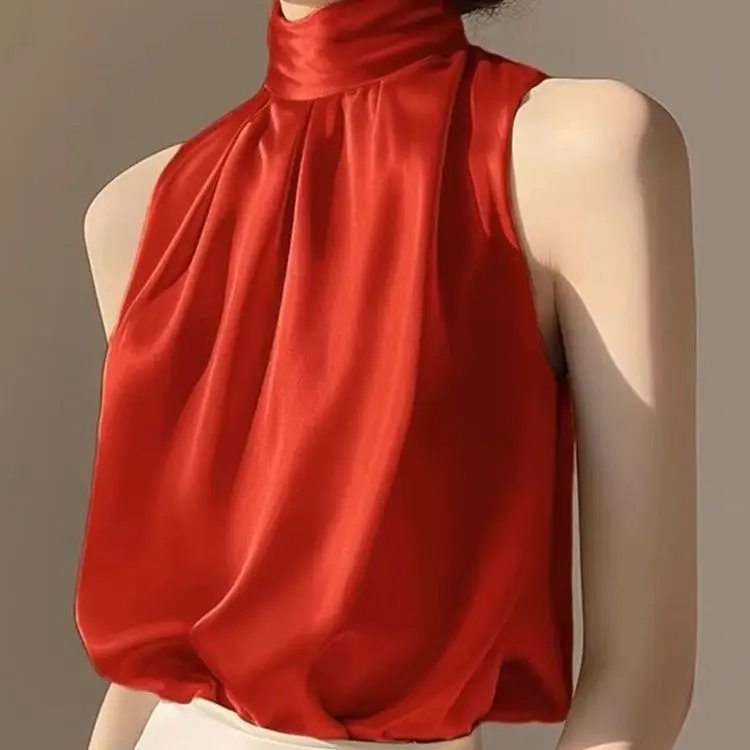 Fashionable Summer Women's Sleeveless Neck Hanging Vest Shirt Chiffon Satin Fabric Korean Style Loose Fit Color Top