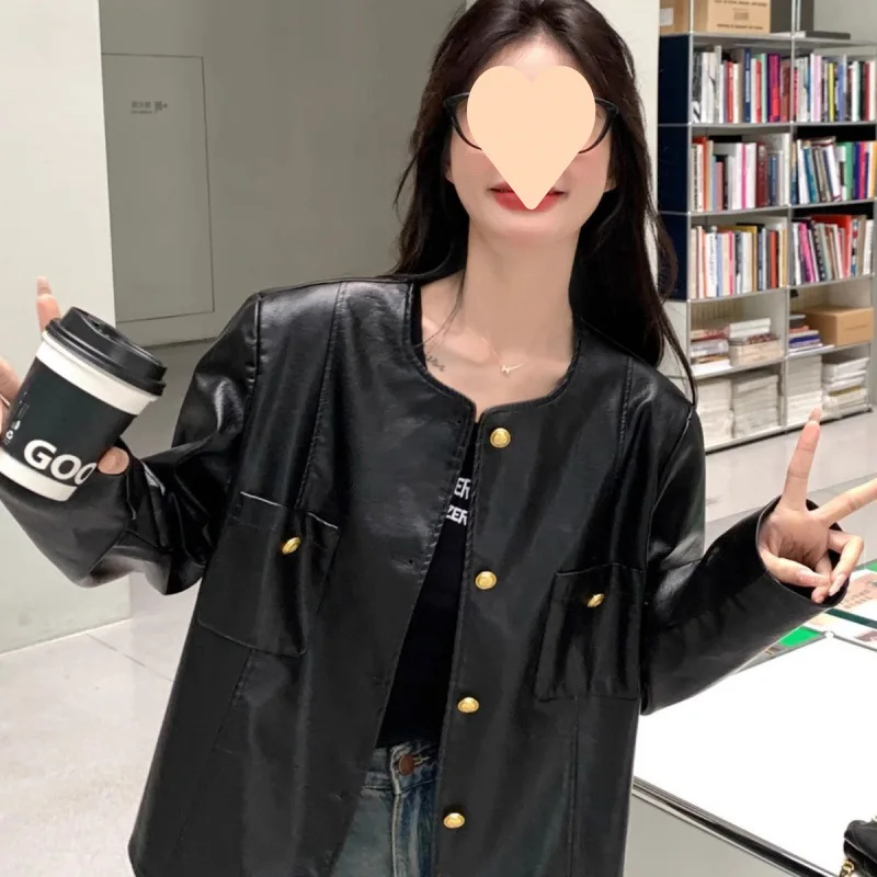 

New in Coats Jackets Women Short Styles Spring New Korean Style Round Neck Single Breasted Pockets Spliced PU Leather Jacket