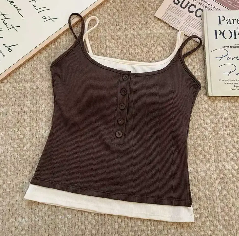Summer Casual Yoga Tank Top Spicy Girl Spaghetti Strap Button Camisole Vest With Chest Pad Fashion Color Blocking Tank Top Women