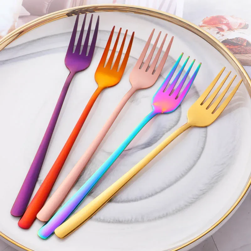 Stainless Steel Long Handle Dinner Fork Korean Rainbow Fork Hotel Restaurant Party Supplies Dinnerware Steak Gold Fork Tableware