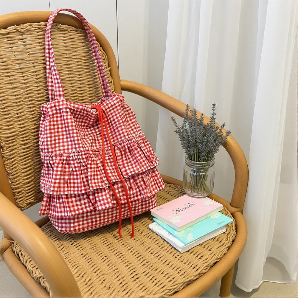 

Large Capacity Shoulder Bag Fashion Ruffles Design Casual Lotus Leaf Plaid Shoulder Bag Simple Commute Shopping Bag