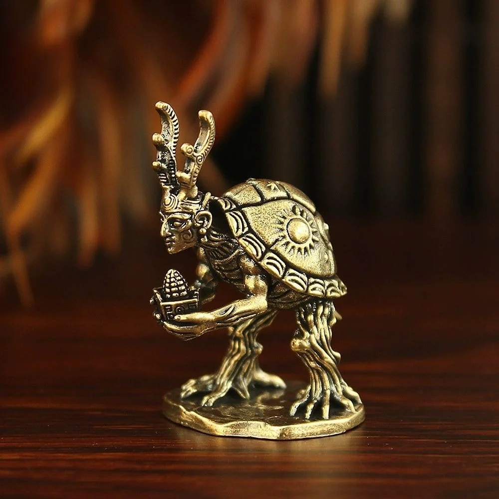 Vintage Brass Mayan Turtle Human Sacrifice Priest Miniature Statue, Corn Totem Fantasy Tabletop Game Collectible Ornament