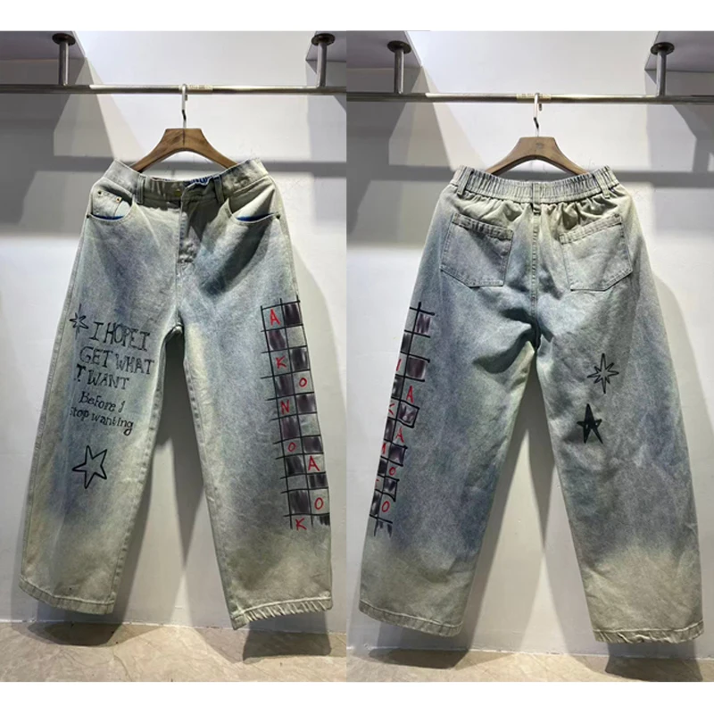 American High Street SATOSHI NAKAMOTO Jeans Checkered Letter Print Hand Cut Washed Worn Casual Wide Leg Curved Cut Denim Jeans