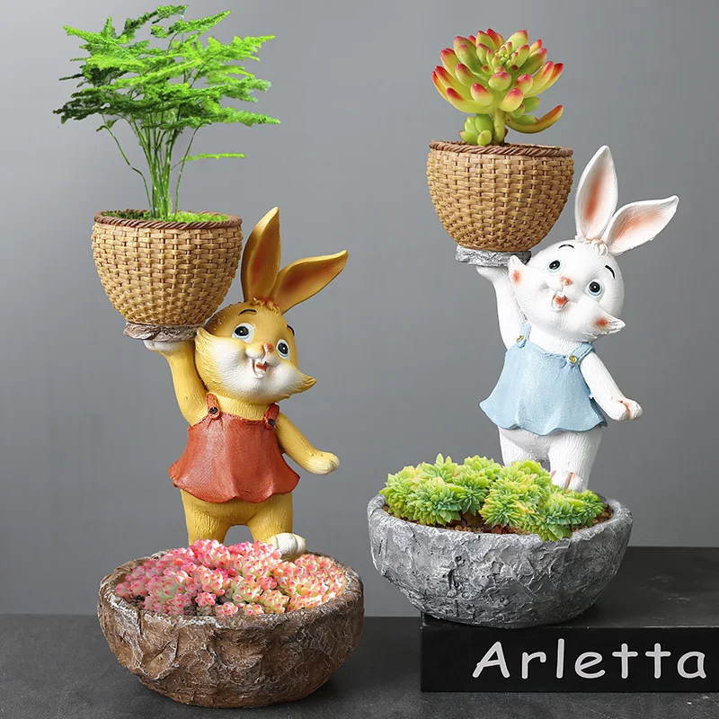 Resin cartoon animal simulation rabbit succulent green plant flower pot decoration courtyard outdoor garden decoration