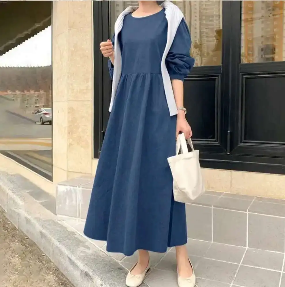 Robe longue en Denim, col rond, manches longues, ample, style bohème, couleur unie, tempérament, dubaï, luxe, Islam, élégante, nouvelle collection 2025