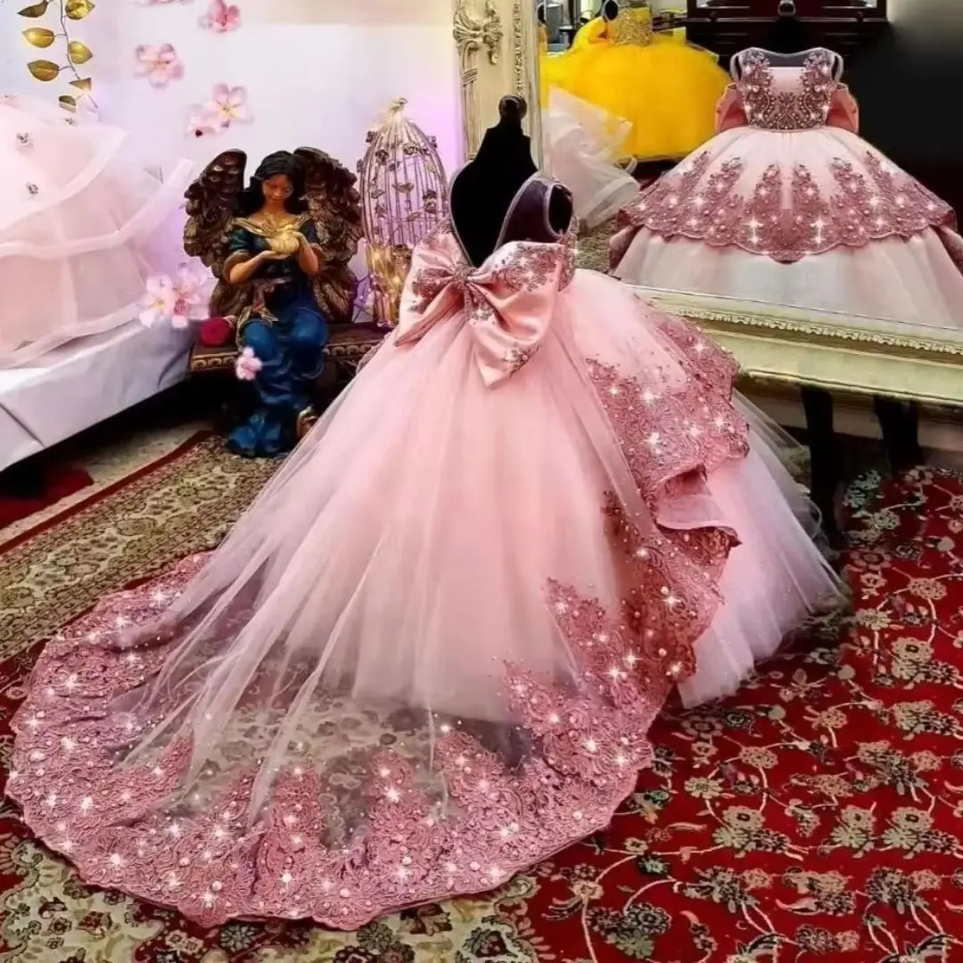 

Customized Pink Flower Girl Dress Lace Floral Appliques With Bow Sleeveless For Wedding Birthday Party Pageant Princess Gown