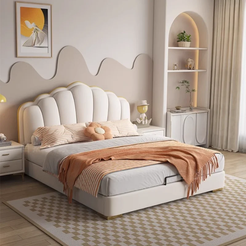 Modern Nappa Cream Wind Double Bed King Size Wooden Luxury Frame Double Bed Wooden Nordic Letto Matrimoniale Bedroom Furniture