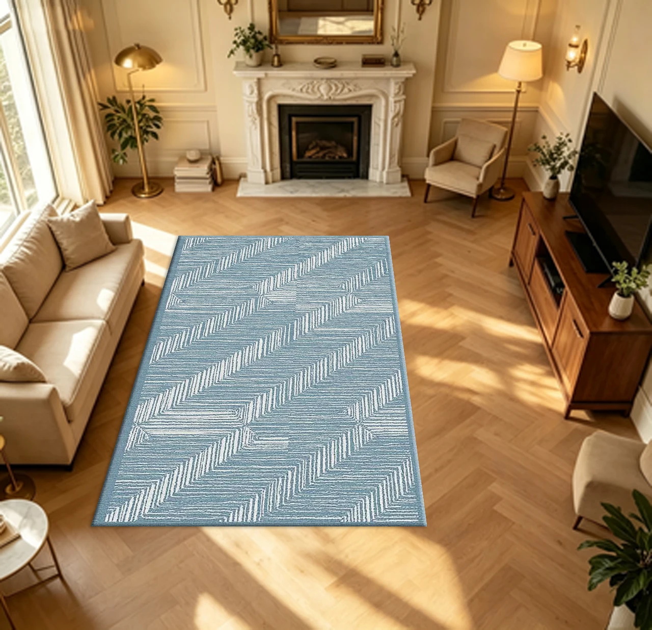 Light Blue White Chevron Zig‑Zag carpet flooring Minimalist Geometric Area Rug