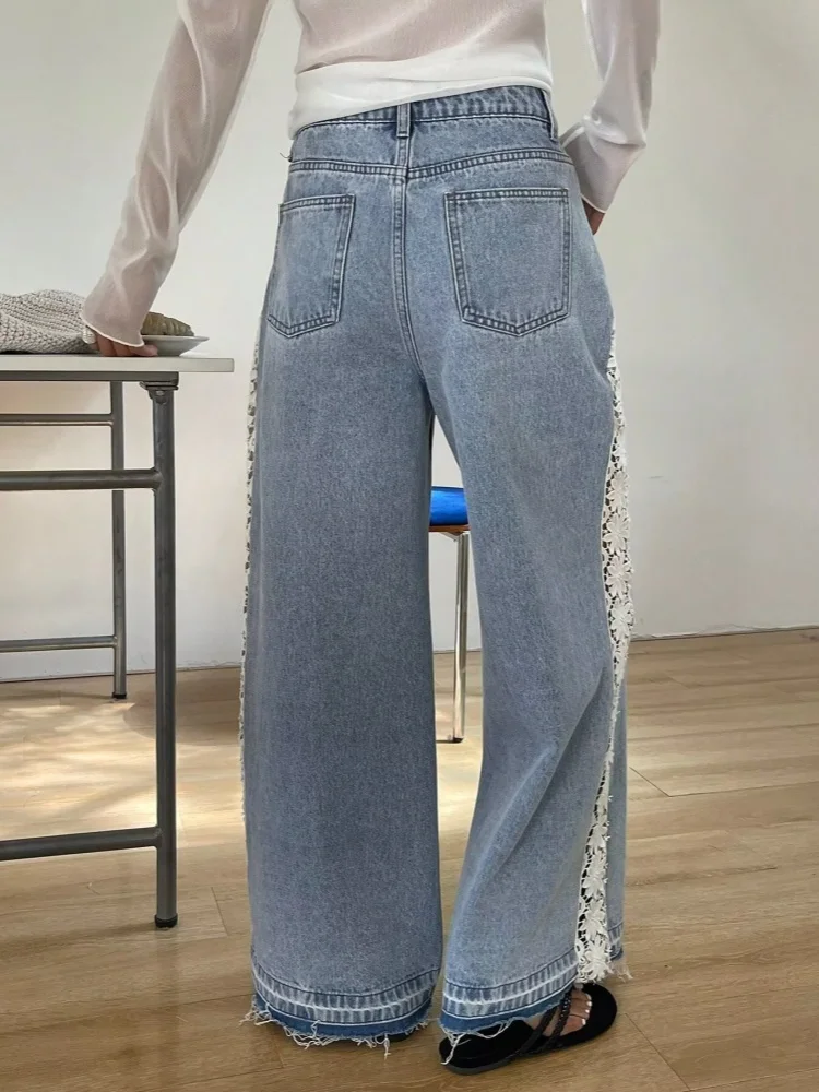 2026 Gothic Y2K Style Hollow Flower Patchwork Washed Blue Baggy Women's Jeans Pants For Woman Clothing Straight Denim Trousers