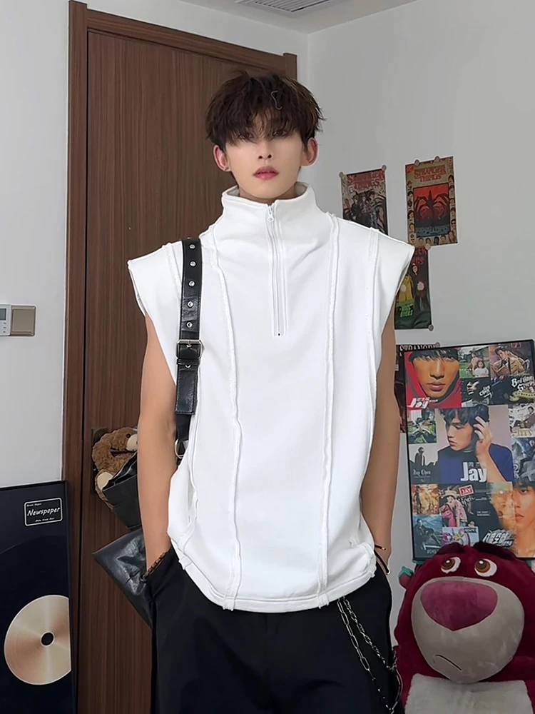 White High Collar Sleeveless Vest Men's Summer Half Zip Shoulder Pad T-Shirt High-End Feeling Cool American Style Half Should...