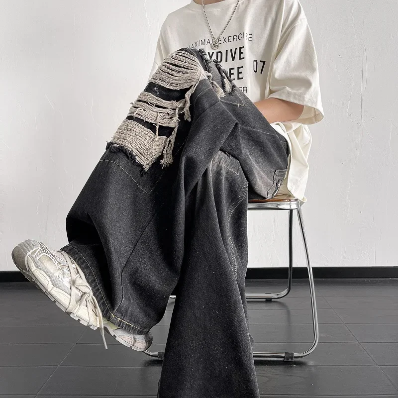 

2025 Мужские потертые отбеленные джинсы на молнии, свободные винтажные джинсы с высокой талией и карманами в полный рост, широкие джинсы, потертые рваные джинсы с дырками