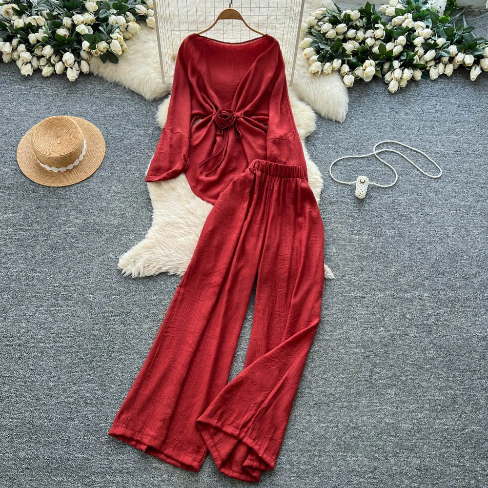 

Two Pieces Women Pant Sets Solid Matching Sets 3D Floral Lace Up Round Neck Top Empire Elastic Waist Wide Leg Pants 2026 Spring