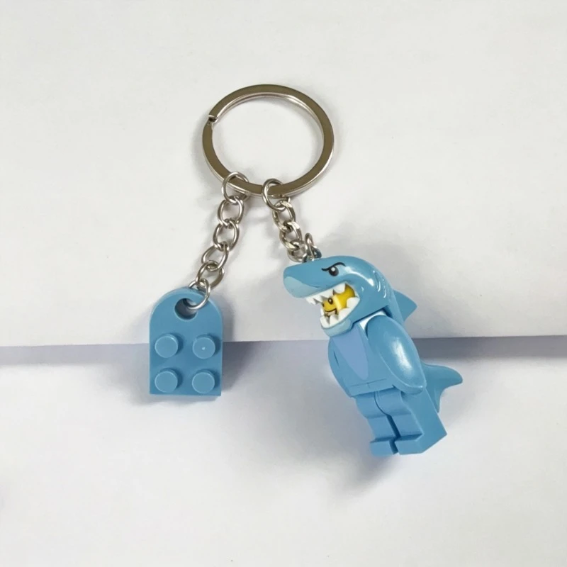 Cute Shark Building Block Couple Keychains with Heart Pendants
