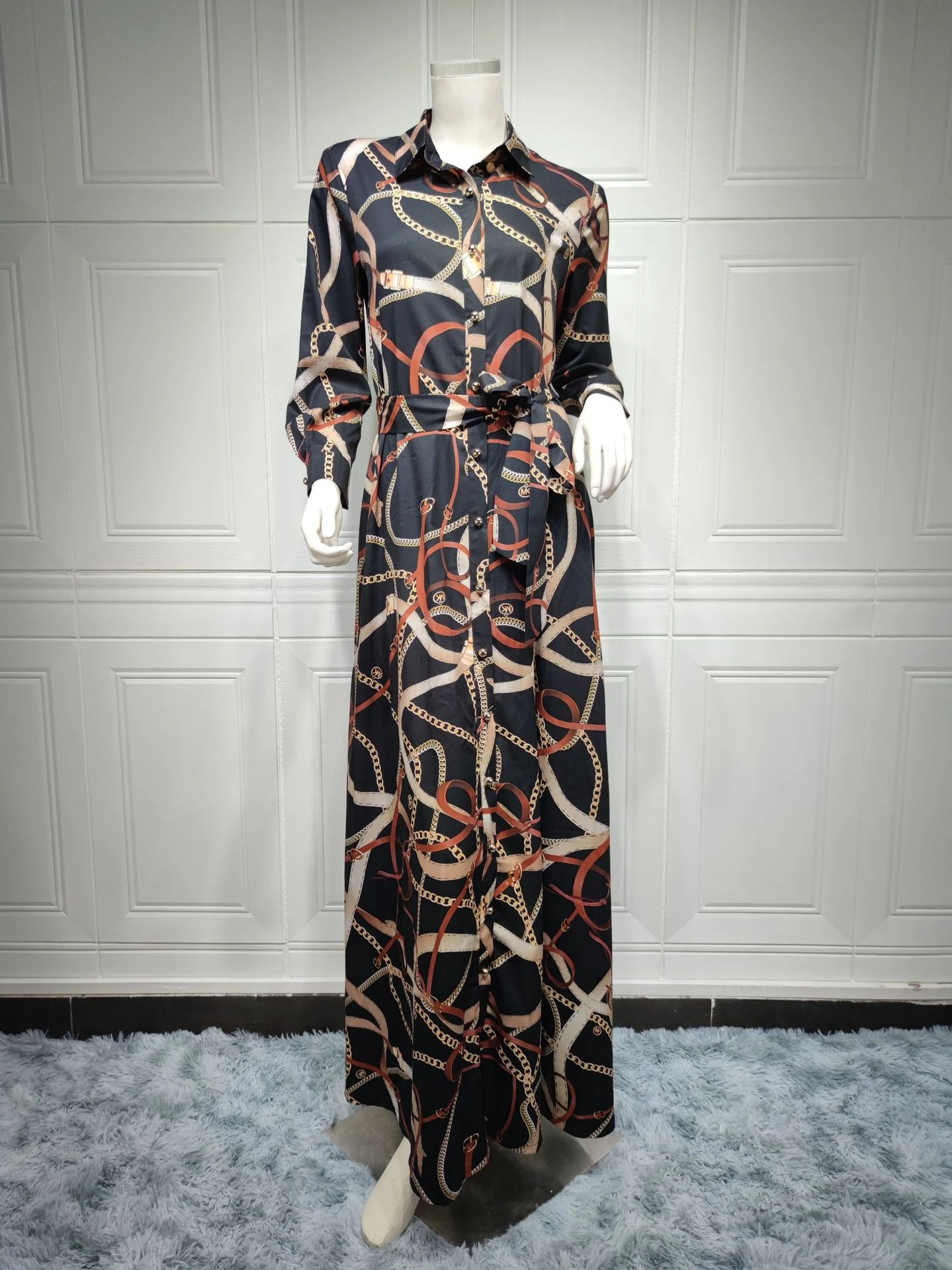 Vestido musulmán de otoño para mujer, caftán marroquí de manga larga, Maxi vestido camisero, Abaya con estampado de Turquía y Dubái, ropa islámica