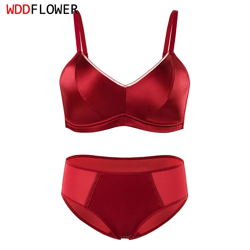 Women Silk Bra Set Red Color 100% Natural Silk Lining Thin Type Wireless Wire Free Bra With Panties Underwears Comfortable TG243