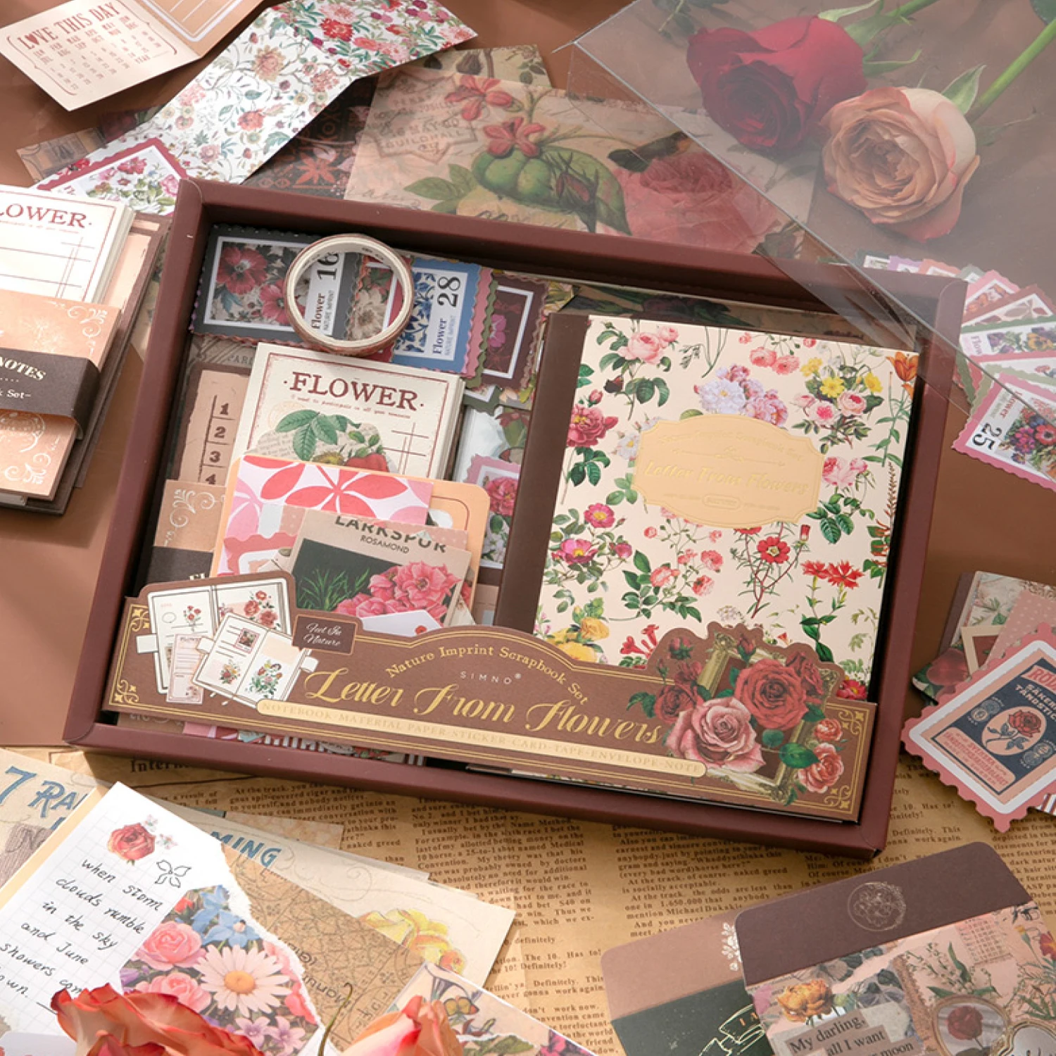 Mr.Paper 1Style 153pcs Vintage Aesthetic Material Paper Set Plant Flower Stickers Washi Tape A6 Notebook for DIY Scrapbooking