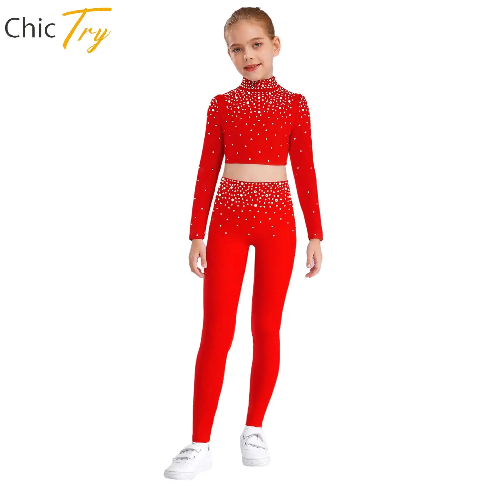 

Child Girls Jazz Dance Stage Performance Costume Ballet Gymnastics Outfit Long Sleeve Rhinestones Crop Top with Pants Dancewear