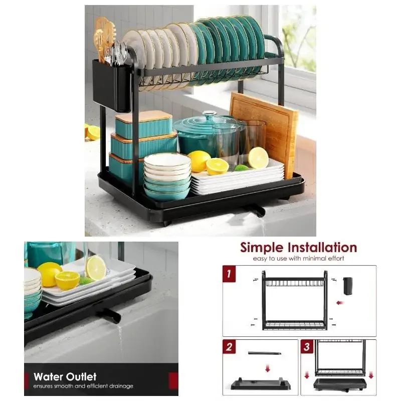 

Large Black Stainless Steel Dish Drying Rack with Drainboard & Cutlery Holder, 2-Tier Space-Saving Countertop Dish Organizer