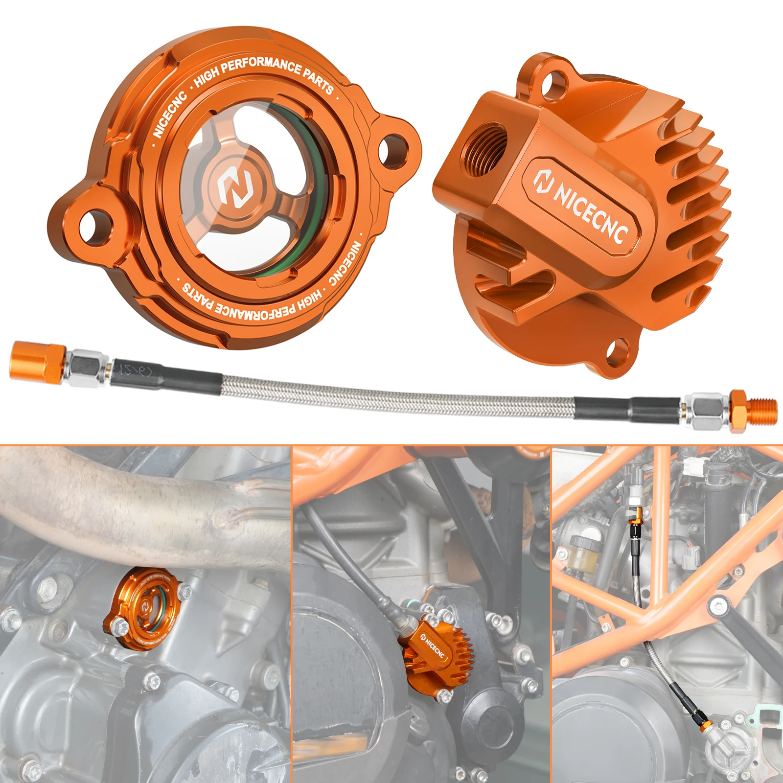 NICECNC Transparent Oil Filter Cover/Oil Pressure Hose/Finned Oil Filter Cap for KTM 690 SMC R 690 Enduro R 690 SMCR 2012-2024