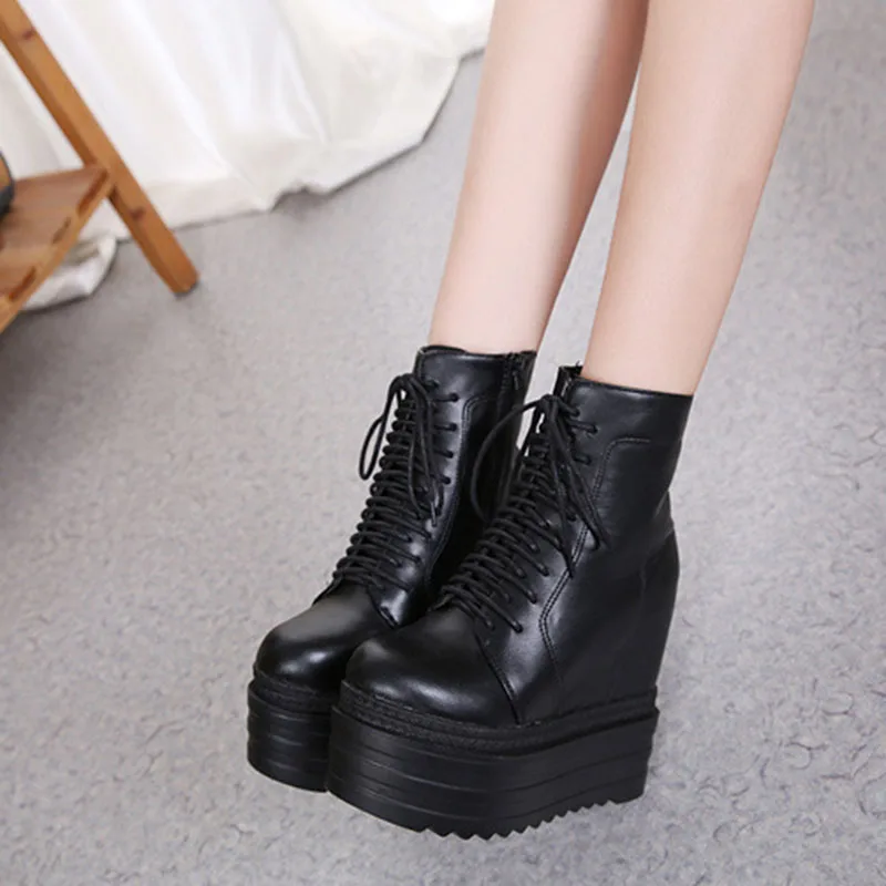 14cm Ultra High Heel Short Boots Inner Height Increase Thick Sole Women Autumn Winter Shoes Black Lace Up Wedges Botas Mujer