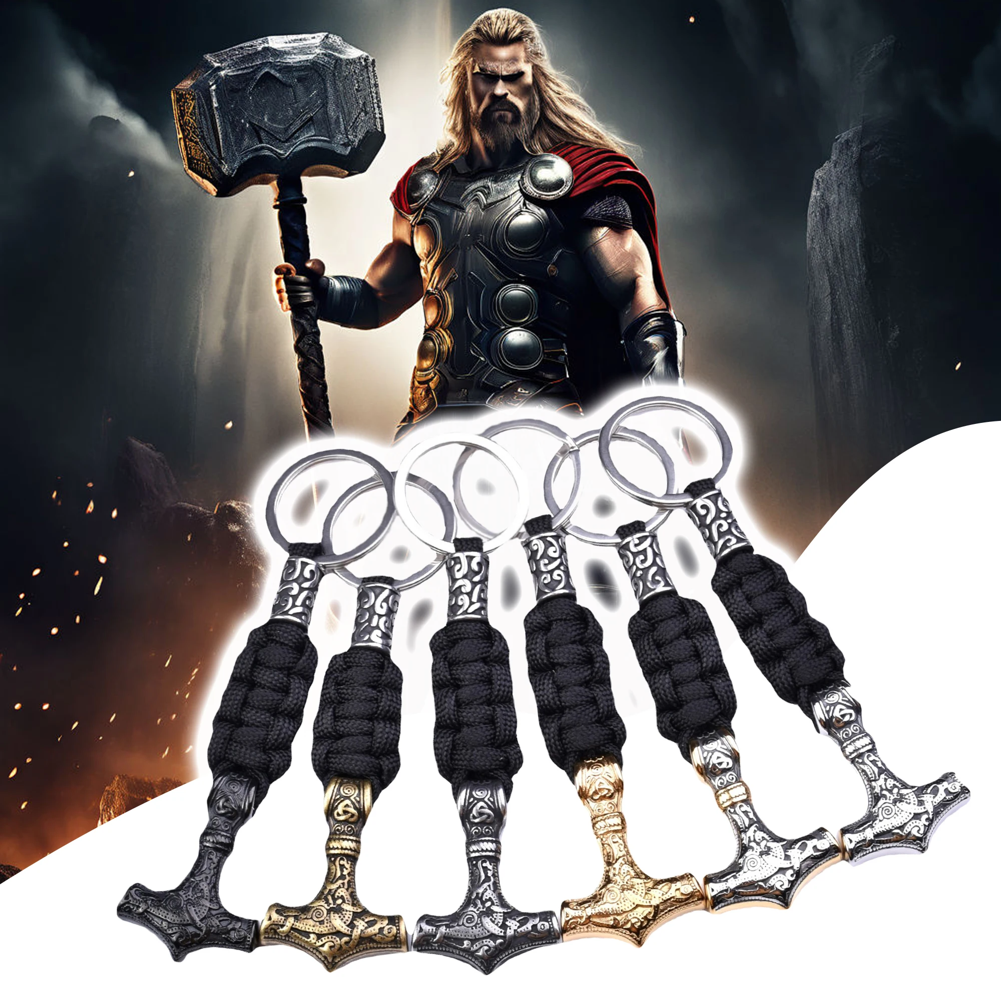 

Stainless Steel Viking Thor's Hammer Pendant Keychain Outdoor Survival Umbrella Rope Braided Keychain Men's Jewelry