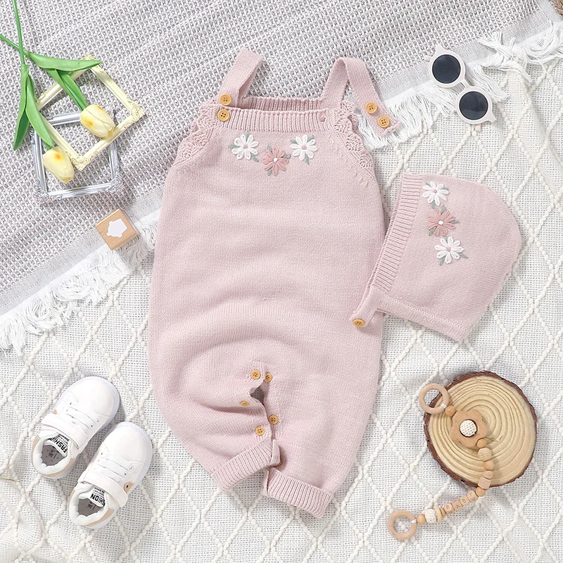 

Newborn Baby Romper Knit Infant Girl Jumpsuit Fashion Embroidered Florals Toddler Kid Clothes Hat 0-18M Overalls Sleeveless 2pcs