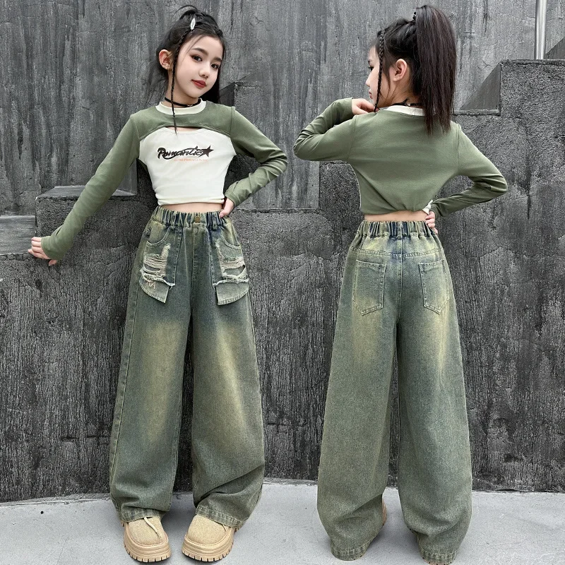 

American Girl Spring Ripped Jeans High Street Jeans Pants For Child Retro Blue High Waist Slim Denim Trousers For Teens Kids