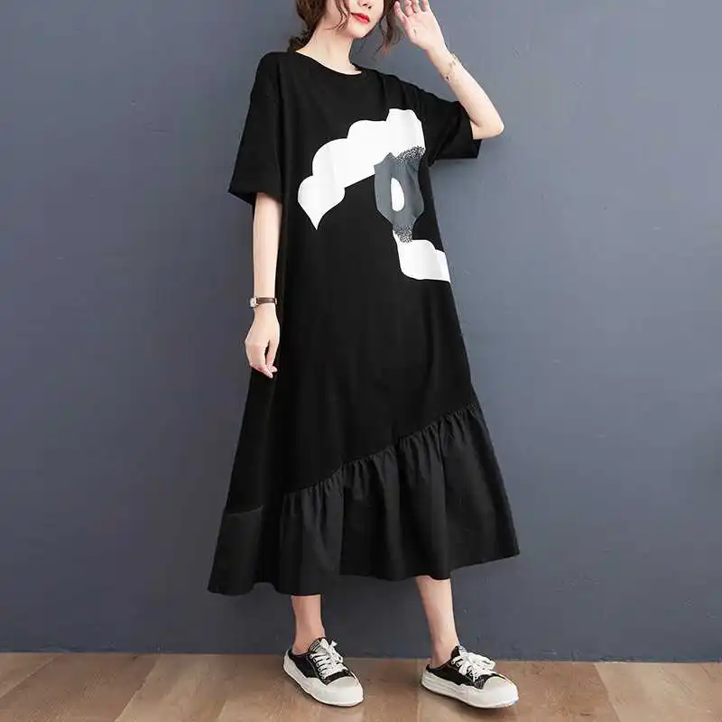 Été nouvelle grande taille t-shirt ample femmes Midi droite coupe ajustée décontracté coton mélange longue Sve rond Ne a-ligne Dr