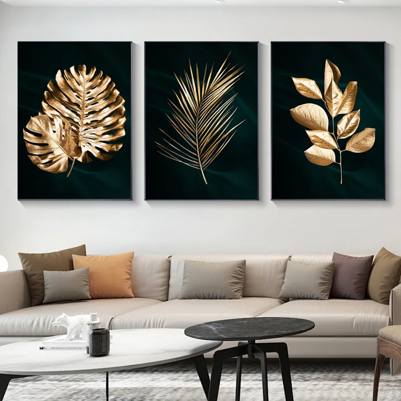 3-teiliges Set Rahmenlose Kunstwerke Poster Abstrakte Goldene Tropische Monstera Palmblätter Leinwandgemälde Schwarze Wandkunst Bilder