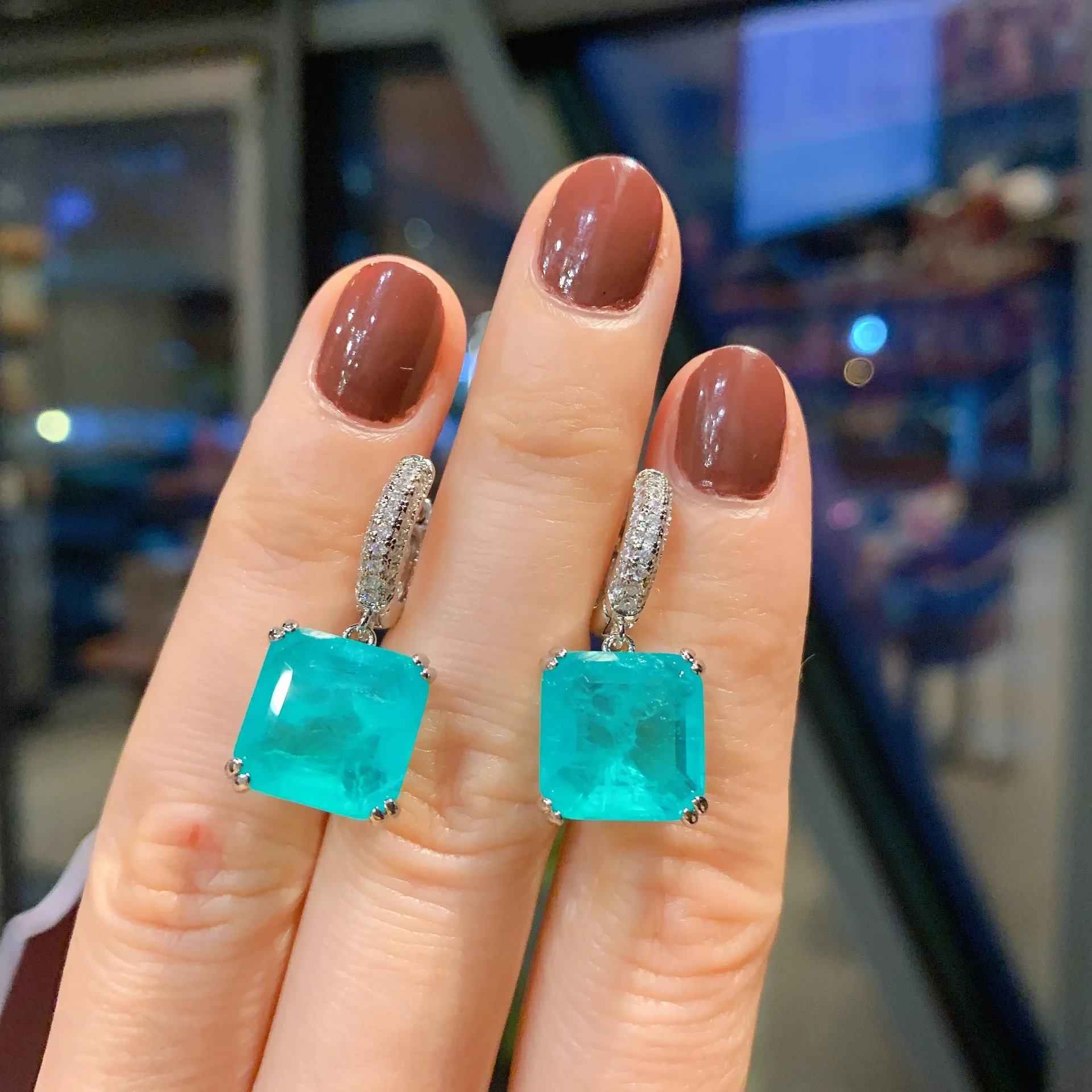 925 srebro Princess Cut Paraiba turmalin laboratorium szmaragdowe kolczyki wiszące damskie Vintage Charm wesele Dangler luksusowa biżuteria