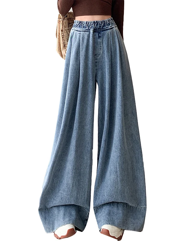 بنطلون جينز واسع الساقين للنساء - تنورة طويلة بخصر مرتفع - ستايل كاجوال - قماش دينيم أزرق - تأثير نحت الجسم - ربيع 2025