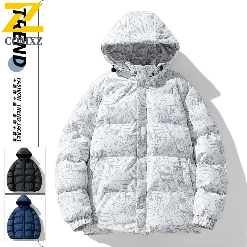 Comxz maple leaf acolchoado masculino grosso camuflagem com capuz blusão impermeável à prova de vento acolchoado juventude esporte ao ar livre casaco acolchoado 2025