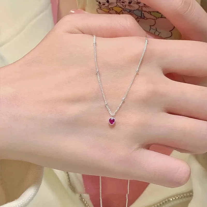 Silver Color Necklace Pendant For Women Jewelry Love Necklace Small Mini Red Heart Pendant Simple Heart Shaped Collar