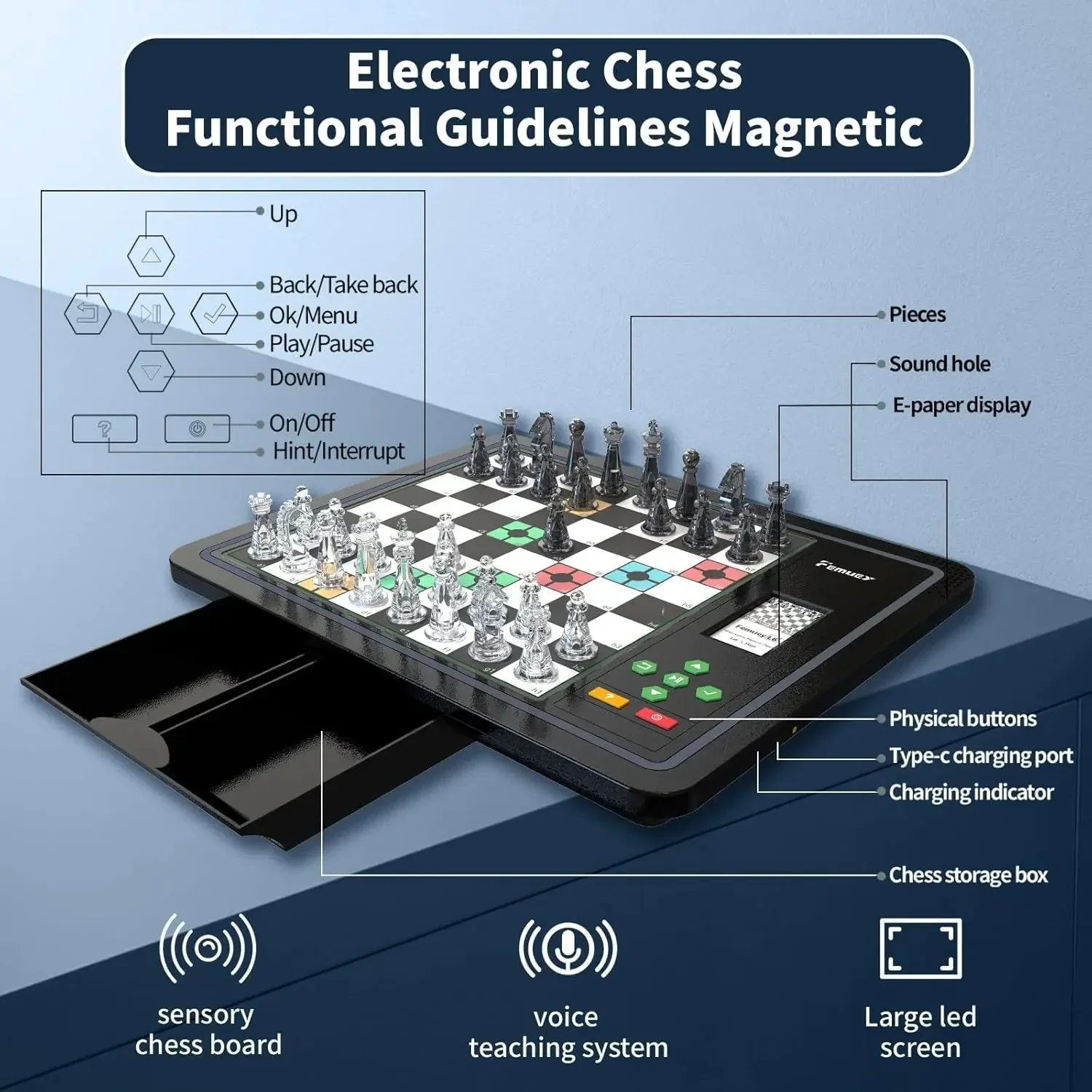 Set, Chess Set Board Game, Computer Chess Game, Electronic Chess Game, LEDs,Built-in Battery, Great Partner for