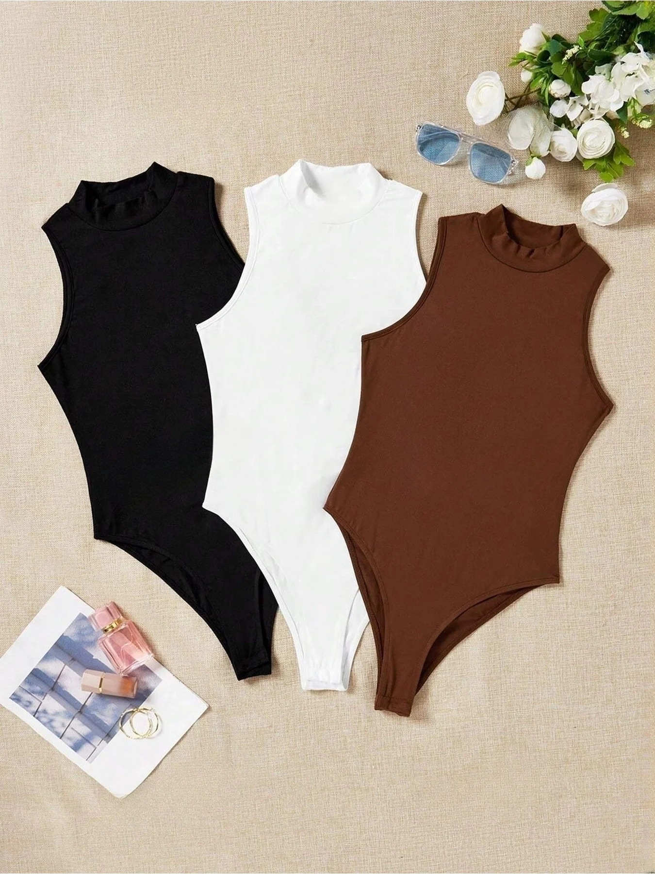 3PC plus size women's 3-piece set, casual, elegant, fashionable sleeveless solid color round neck jumpsuit 3-piece set