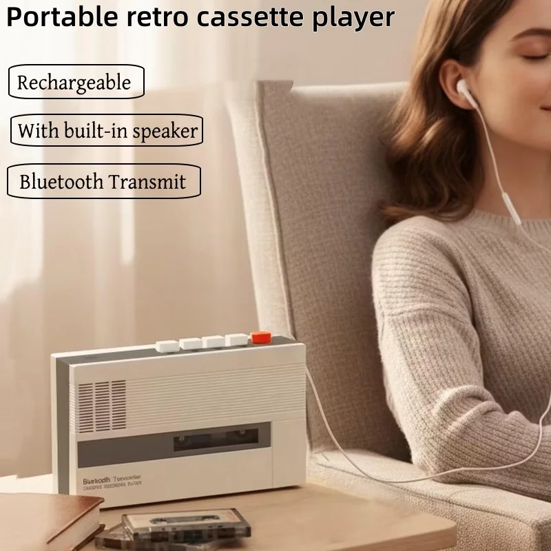 Portable Retro Rechargeable Walkman Tape Recorder Bluetooth Cassette Player with Built-in Speaker Headphone Jack, 2000mAh