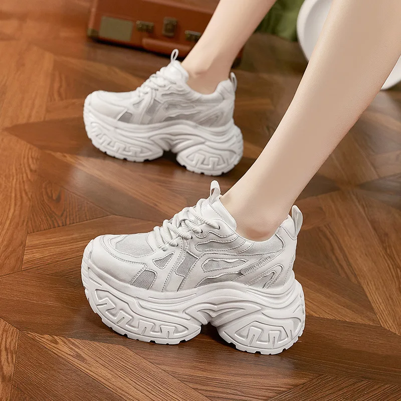 Women's Fashion Chunky Platform Sneakers Breathable Mesh Non-Slip Casual Walking Shoes Interior Height Increasing Versatile Shoe