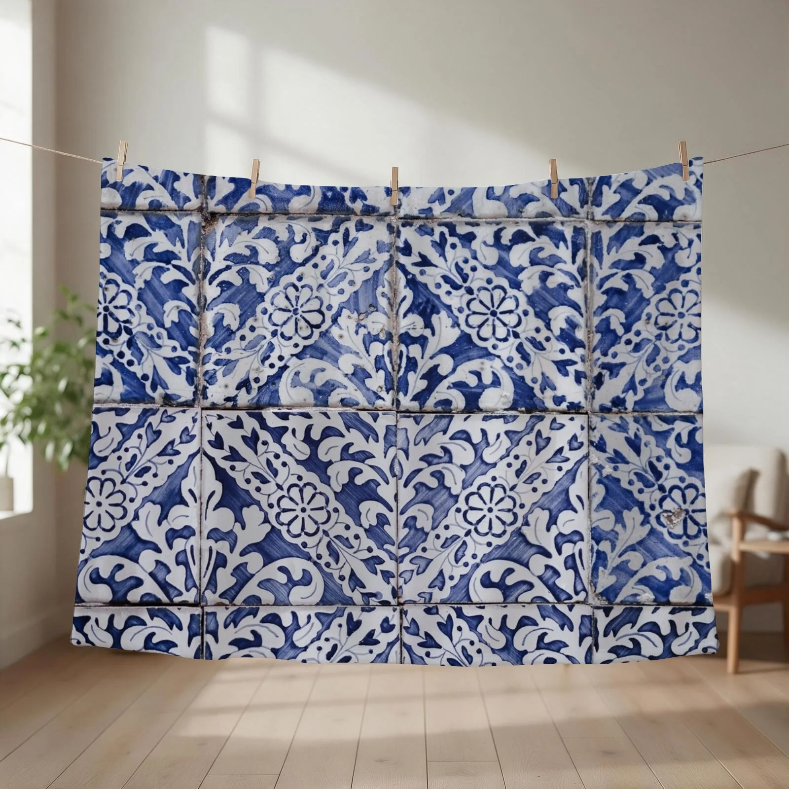 Portuguese Tiles Pattern - Azulejo Blue and White Floral Leaf Design Throw Blanket