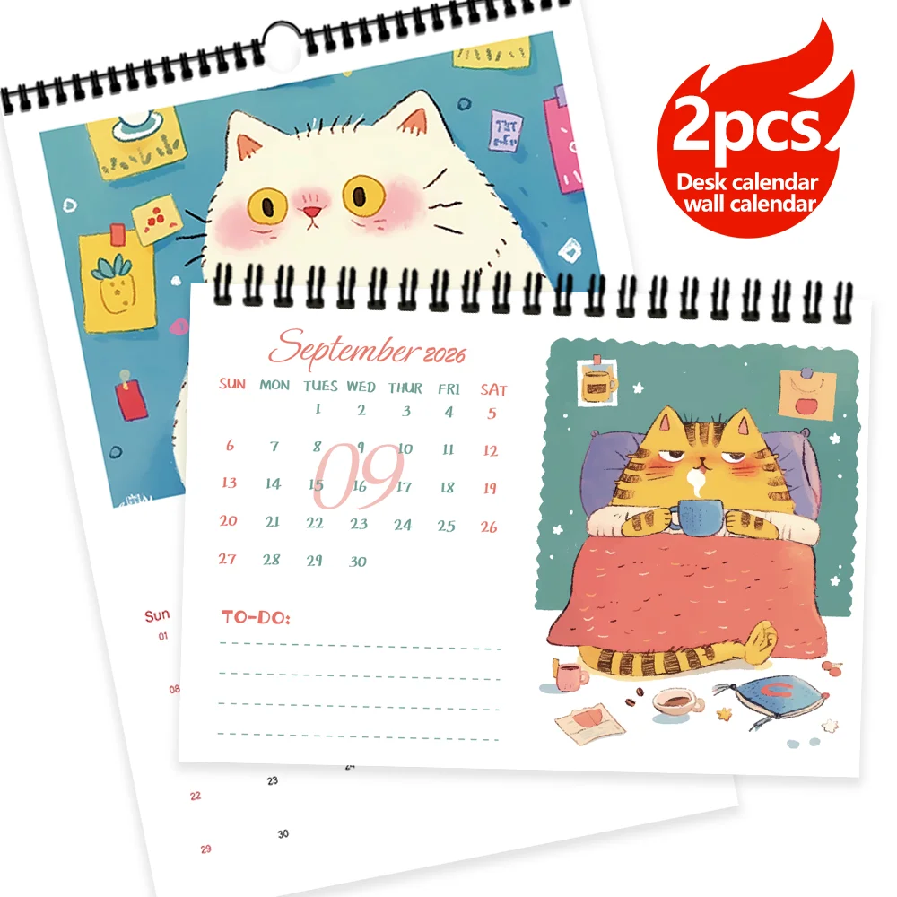

2pcs/1 set 2026 Hand-Drawn Cat Theme Desk Calendar and Wall Calendar, 12 Unique Designs, Birthday Christmas New Year Gift