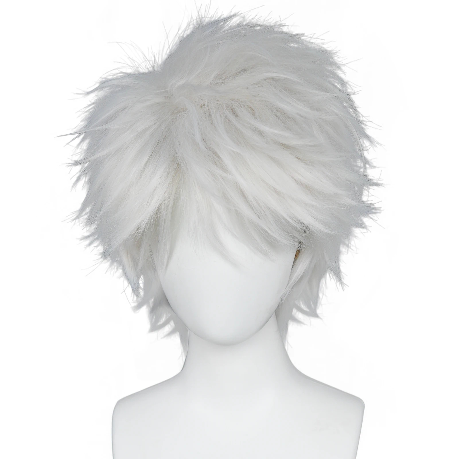 Silver White Spiky Messy Short Coswig Fluffy Layered Anime Punk Style Synthetic Wig Unisex For Halloween Theme Party Role Play
