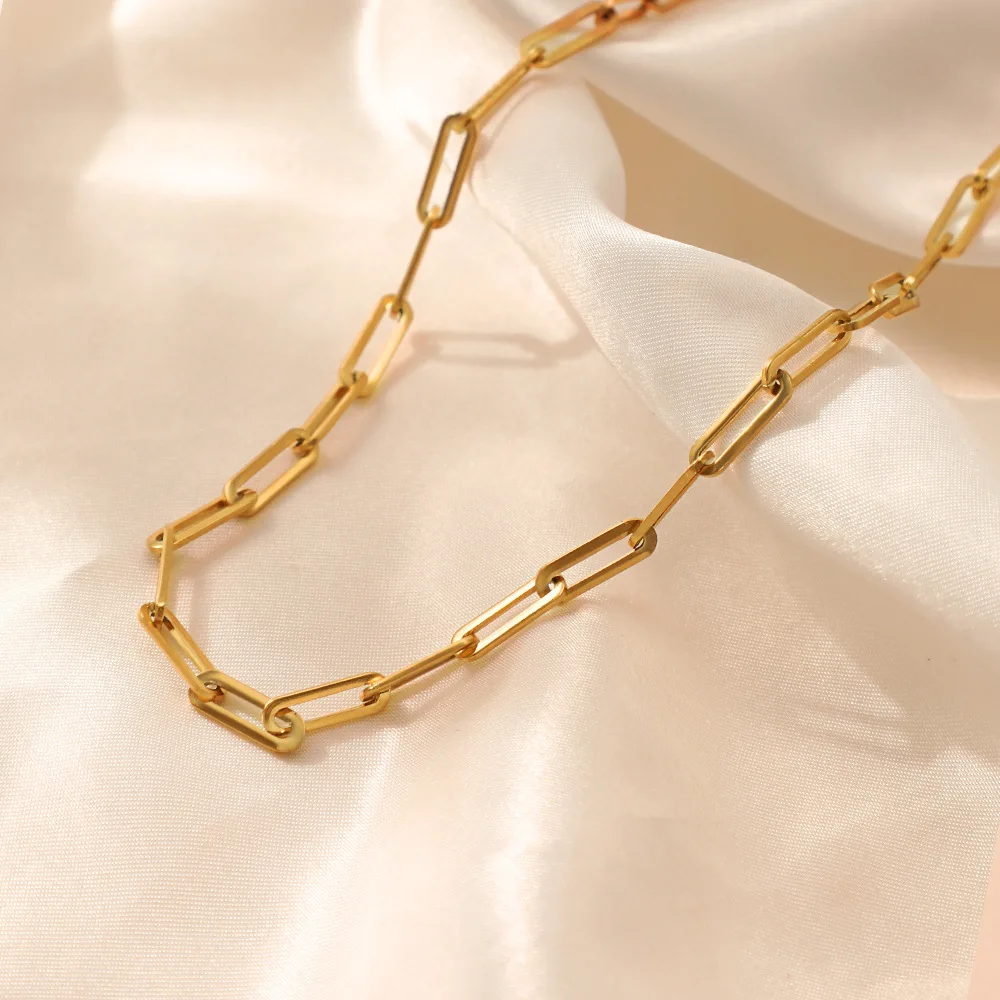 

Stainless Steel Basic Frame Link Chain Lobster Clasp Necklace Waterproof 18K Gold Plated Metal Texture Collar Women Jewelry Gift