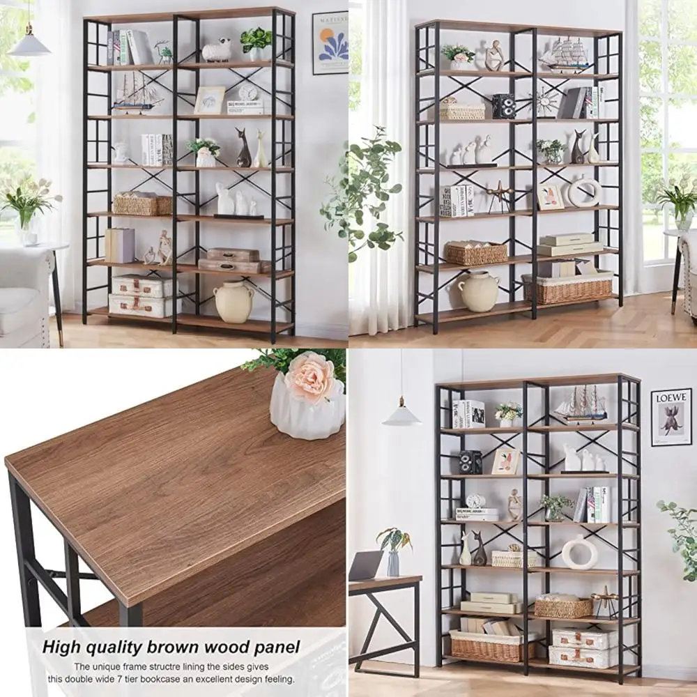 رف كتب طويل جدًا عريضًا مكون من 7 طبقات على الطراز الصناعي، وخزانة كتب مفتوحة شديدة التحمل مقاس 84 بوصة #1