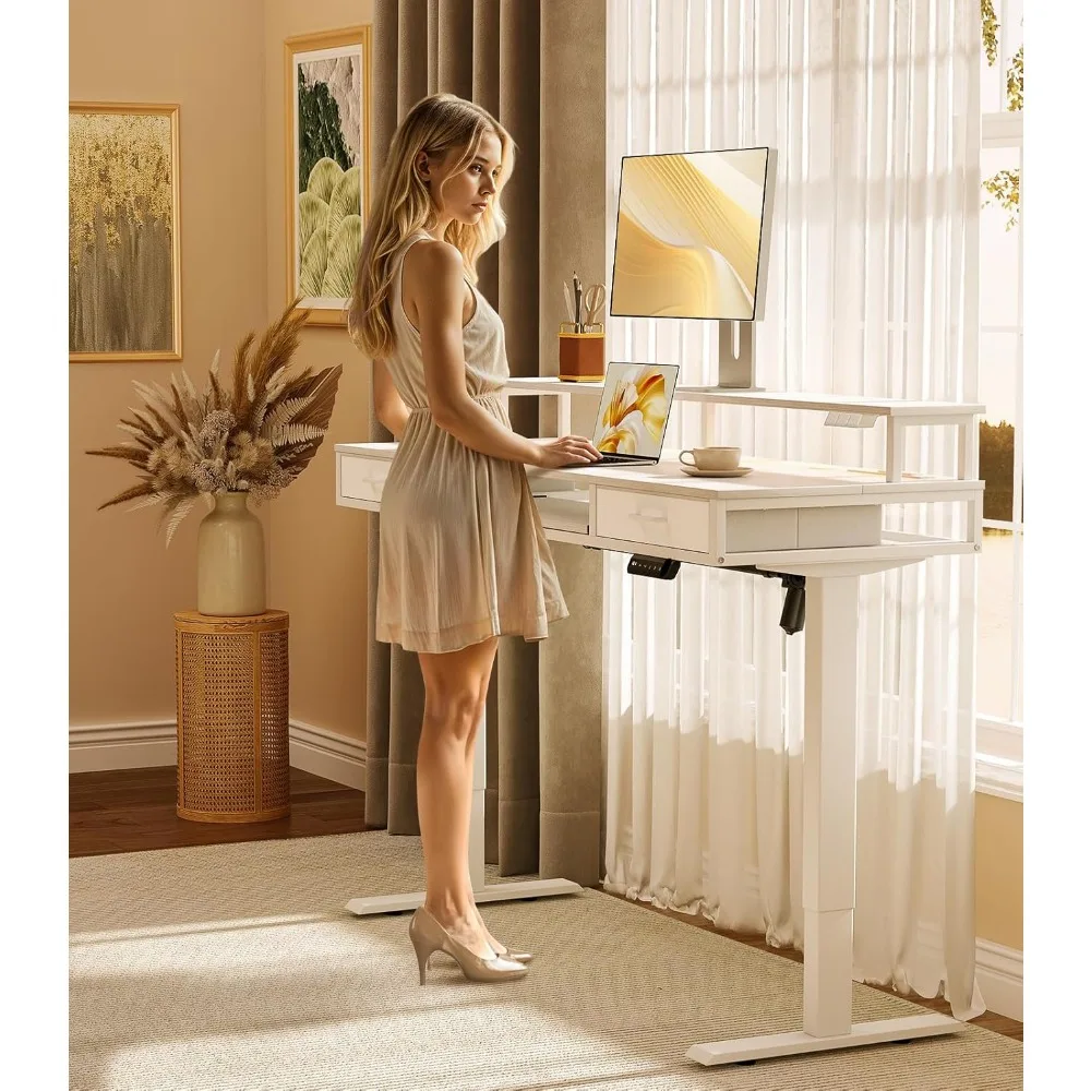 Electric Standing Desk with Drawers & Keyboard Tray, 55 Inch Height Adjustable Desk with Power Outlets & LED Lights